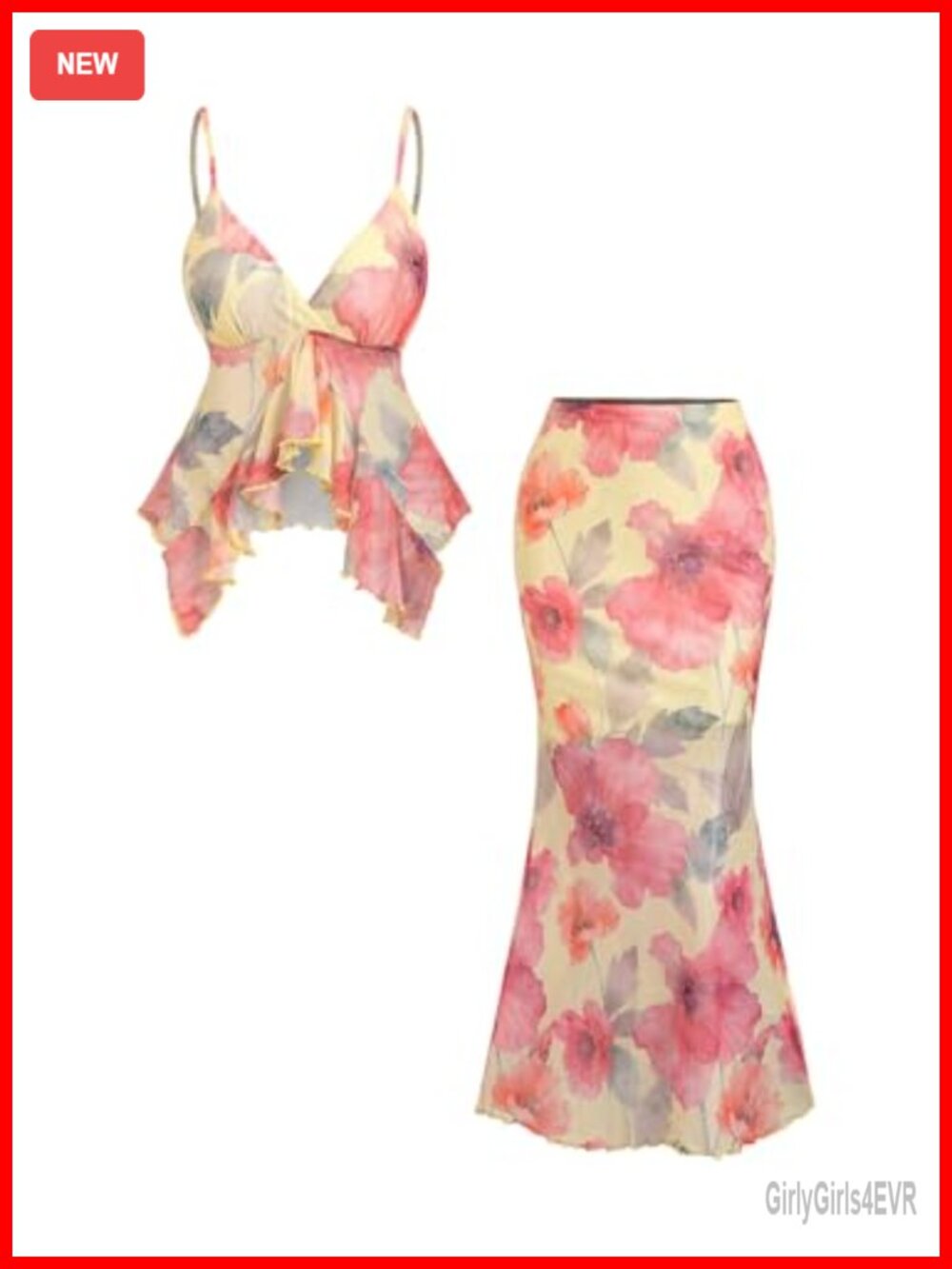 Womens 2 Piece Floral Babydoll Cami Top Fishtail Skirt Set
